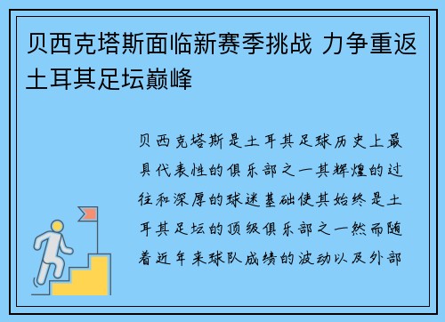 贝西克塔斯面临新赛季挑战 力争重返土耳其足坛巅峰